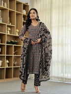 Yufta Black Ethnic Motifs A-Line Kurta Trouser Dupatta Set With Bucket Neck | Grocsy