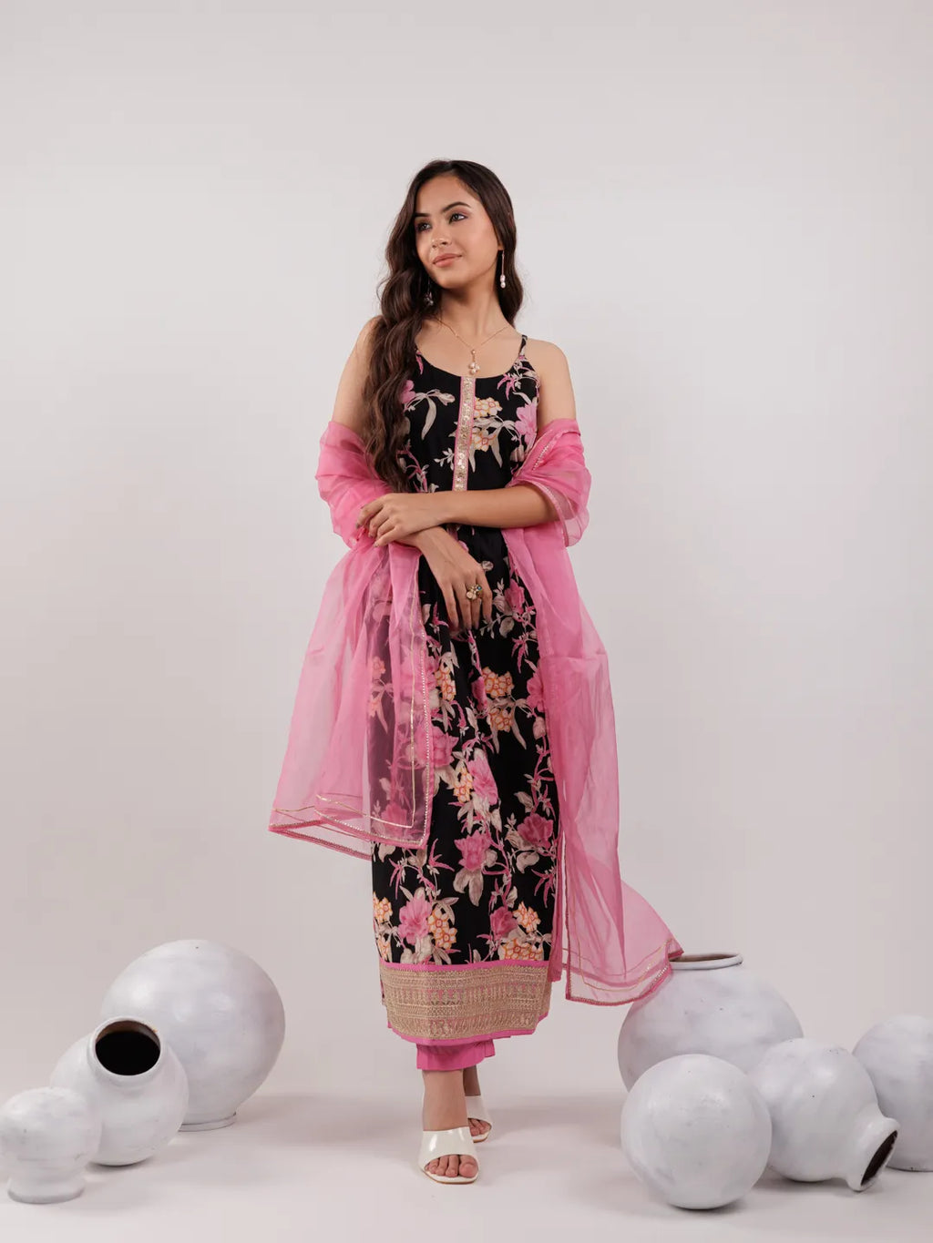 Yufta Black Floral Print Cotton Fit And Flare Kurta Trouser & Dupatta Set | Grocsy