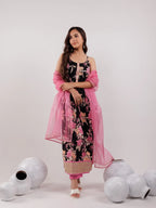 Yufta Black Floral Print Cotton Fit And Flare Kurta Trouser & Dupatta Set | Grocsy