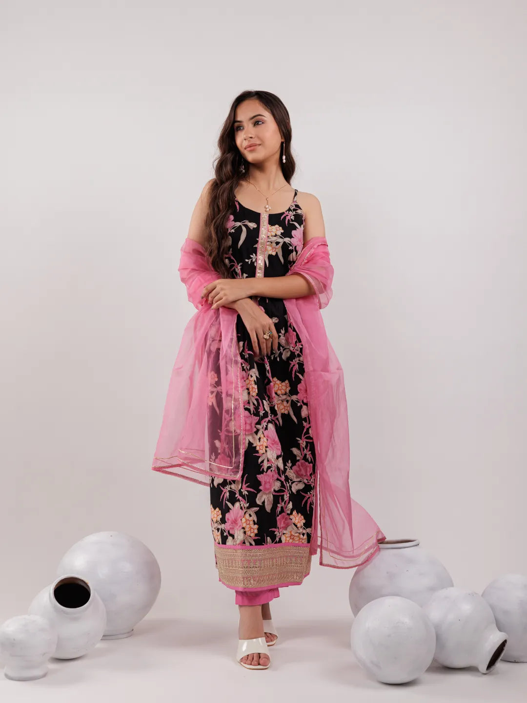 Yufta Black Floral Print Cotton Fit And Flare Kurta Trouser & Dupatta Set | Grocsy