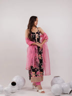 Yufta Black Floral Print Cotton Fit And Flare Kurta Trouser & Dupatta Set | Grocsy