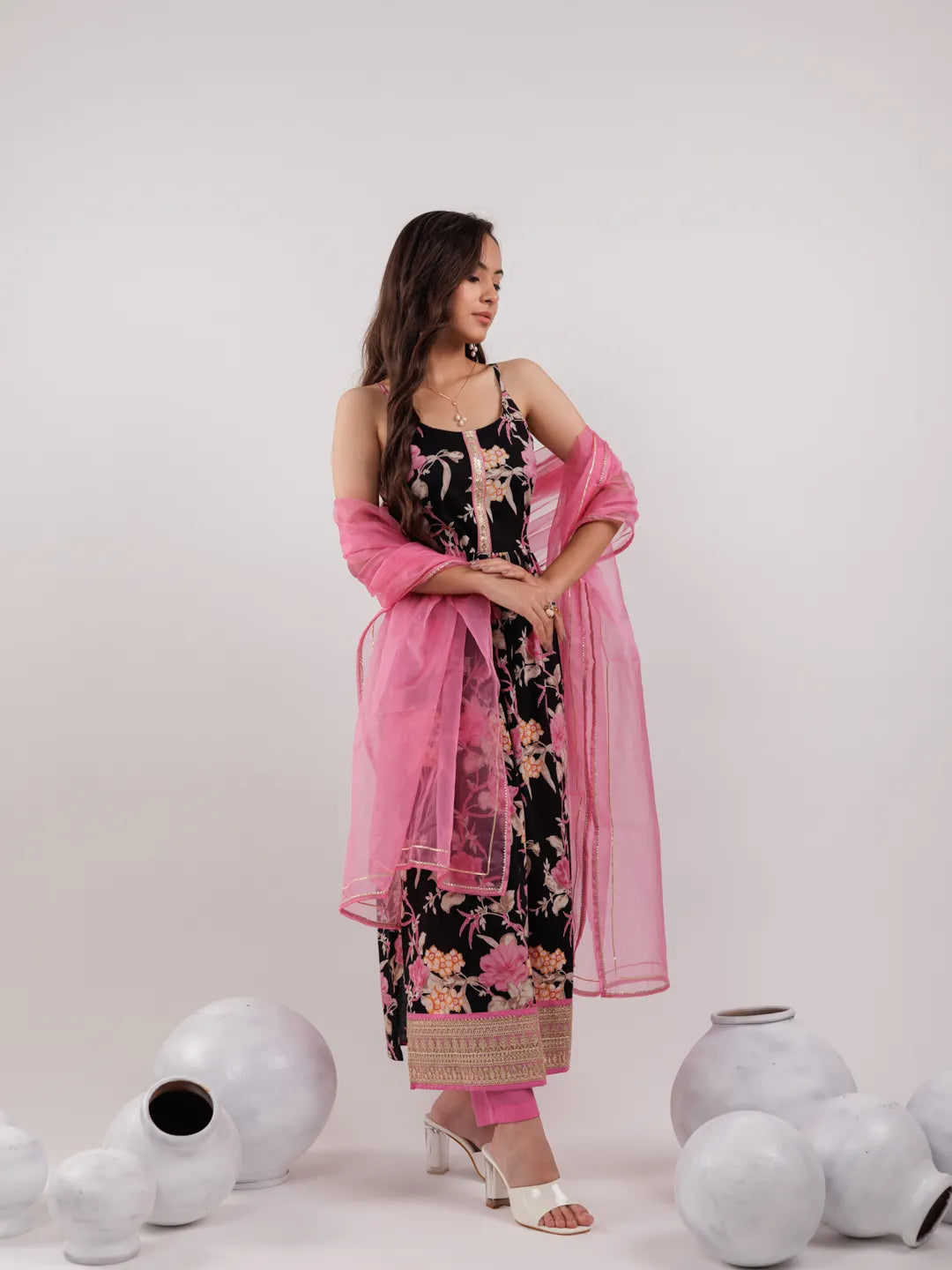 Yufta Black Floral Print Cotton Fit And Flare Kurta Trouser & Dupatta Set | Grocsy
