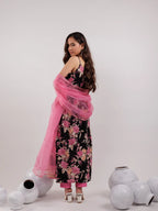 Yufta Black Floral Print Cotton Fit And Flare Kurta Trouser & Dupatta Set | Grocsy