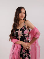 Yufta Black Floral Print Cotton Fit And Flare Kurta Trouser & Dupatta Set | Grocsy