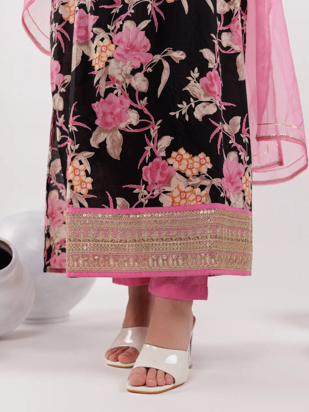 Yufta Black Floral Print Cotton Fit And Flare Kurta Trouser & Dupatta Set | Grocsy
