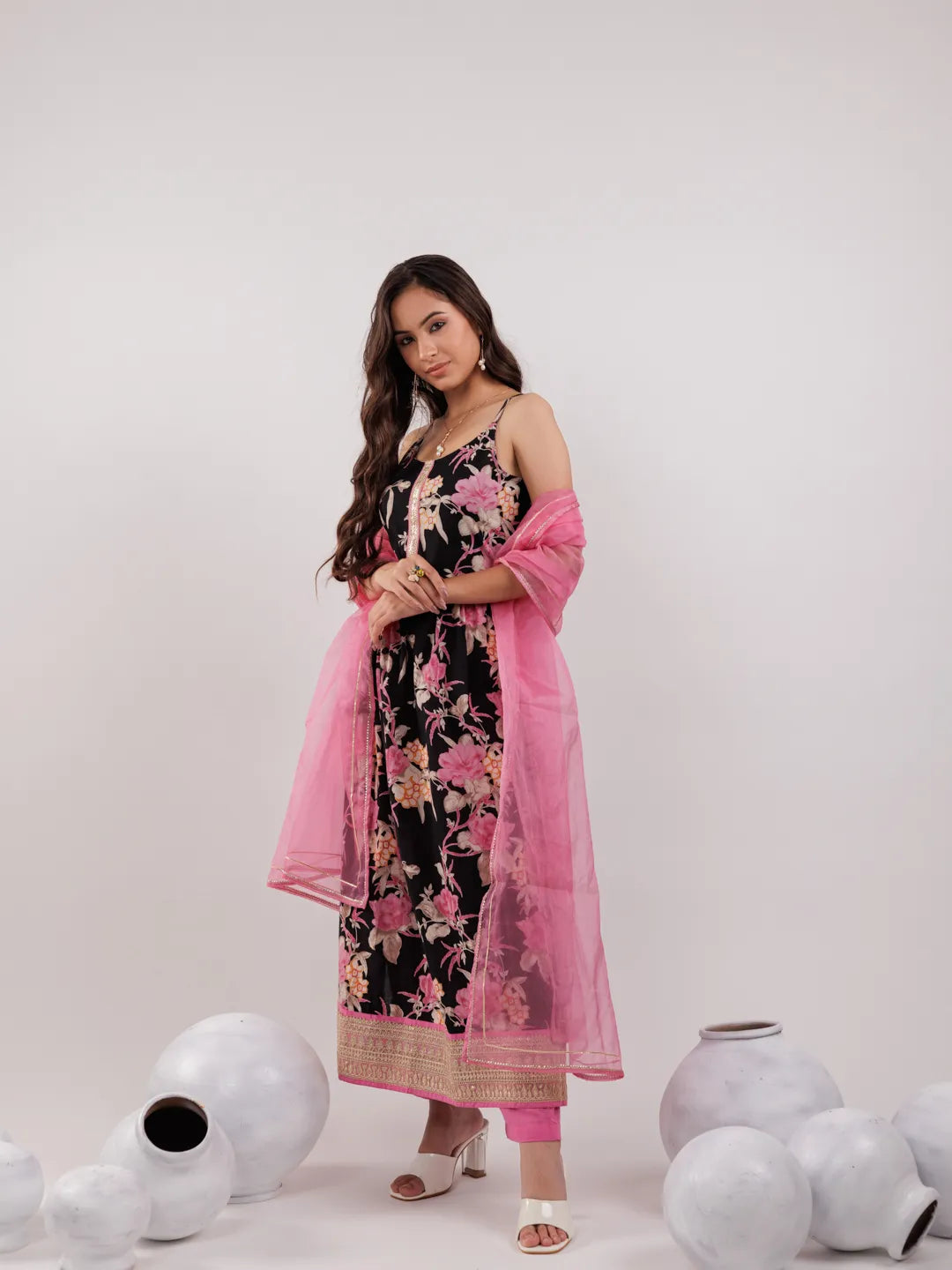 Yufta Black Floral Print Cotton Fit And Flare Kurta Trouser & Dupatta Set | Grocsy