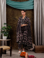 Yufta Black Floral Print Pure Cotton Beads Straight Kurta Dupatta Set With Lace Detailing | Grocsy