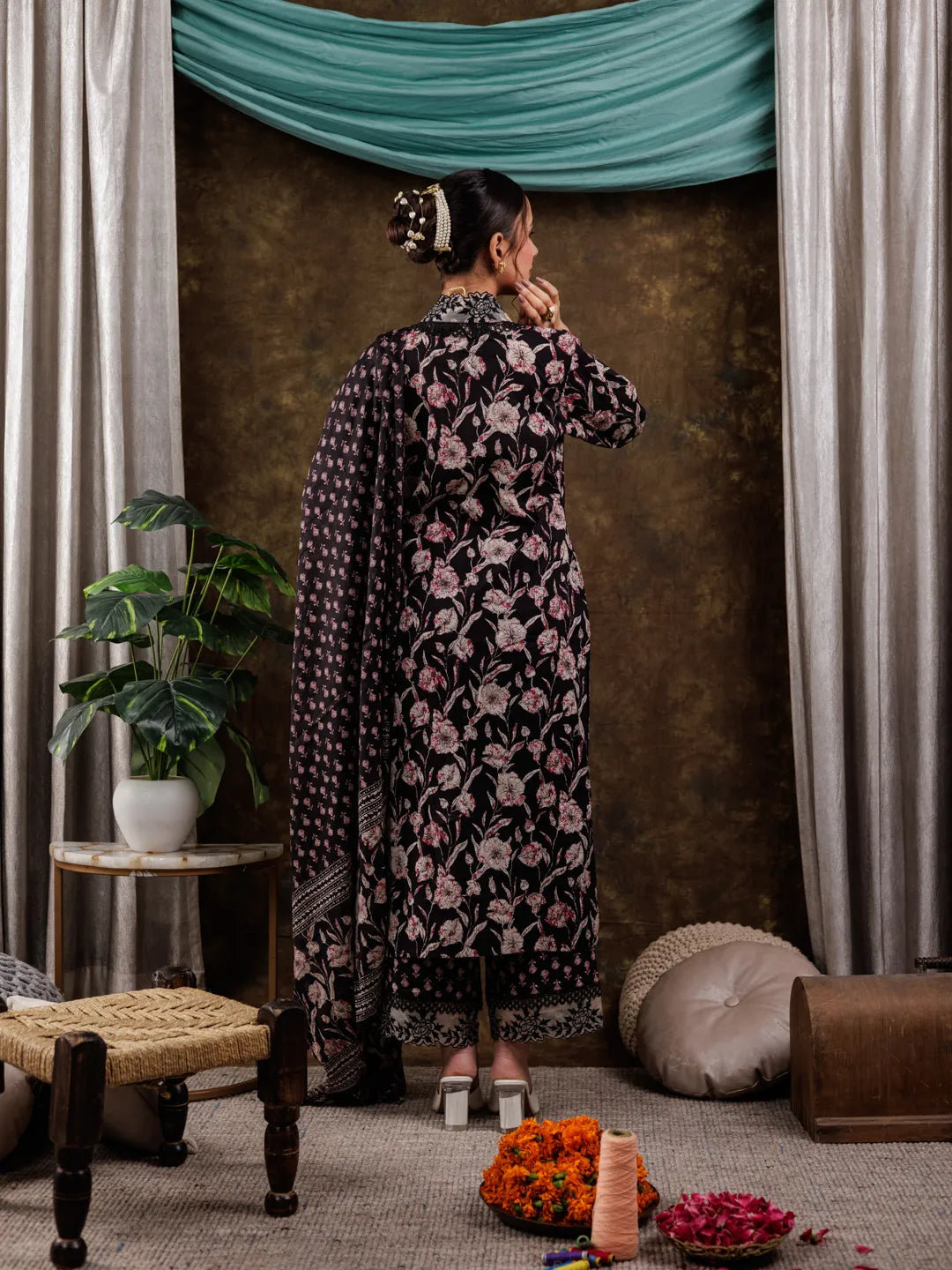 Yufta Black Floral Print Pure Cotton Beads Straight Kurta Dupatta Set With Lace Detailing | Grocsy