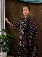 Yufta Black Floral Print Pure Cotton Beads Straight Kurta Dupatta Set With Lace Detailing | Grocsy