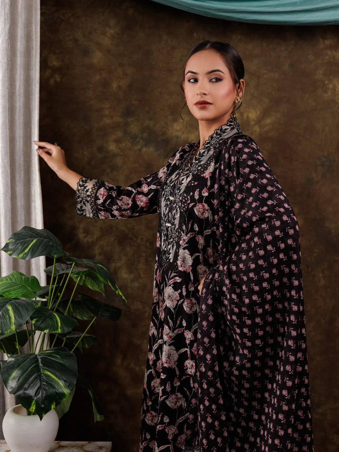 Yufta Black Floral Print Pure Cotton Beads Straight Kurta Dupatta Set With Lace Detailing | Grocsy