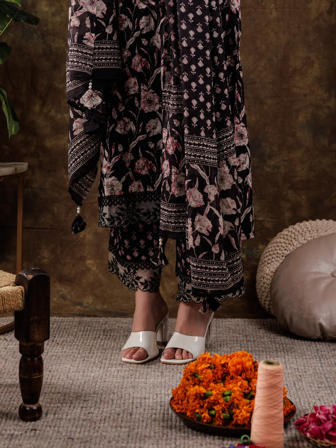 Yufta Black Floral Print Pure Cotton Beads Straight Kurta Dupatta Set With Lace Detailing | Grocsy