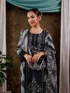 Yufta Black Hand Embroidery Silk Straight Kurta And Trouser With Dupatta Set | Grocsy