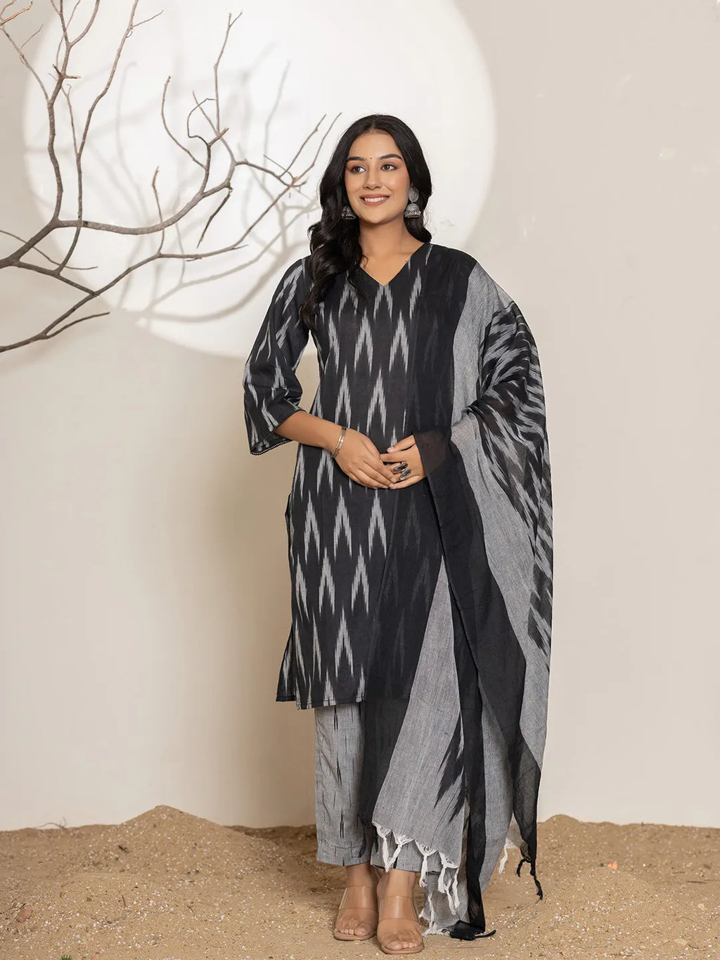 Yufta Black Ikat Print Cotton Straight Kurta Dupatta Set | Grocsy