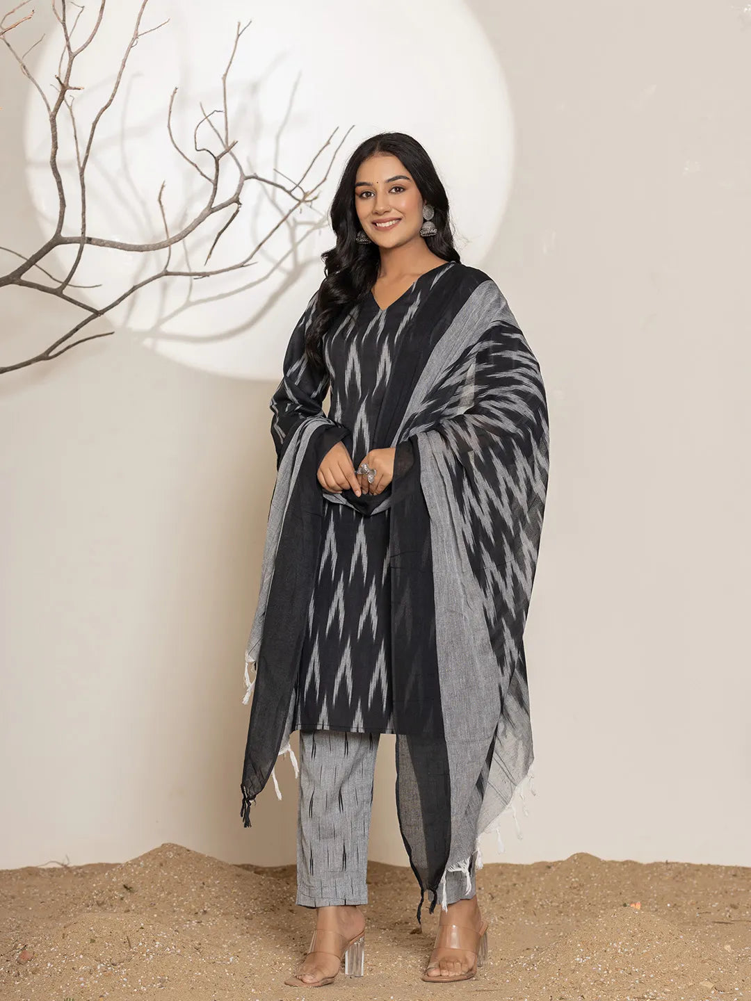 Yufta Black Ikat Print Cotton Straight Kurta Dupatta Set | Grocsy