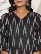 Yufta Black Ikat Print Cotton Straight Kurta Dupatta Set | Grocsy