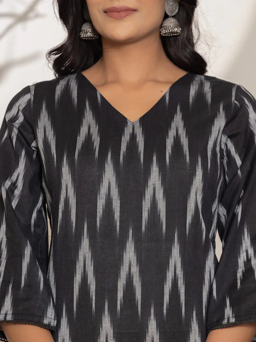 Yufta Black Ikat Print Cotton Straight Kurta Dupatta Set | Grocsy