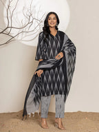 Yufta Black Ikat Print Cotton Straight Kurta Dupatta Set | Grocsy