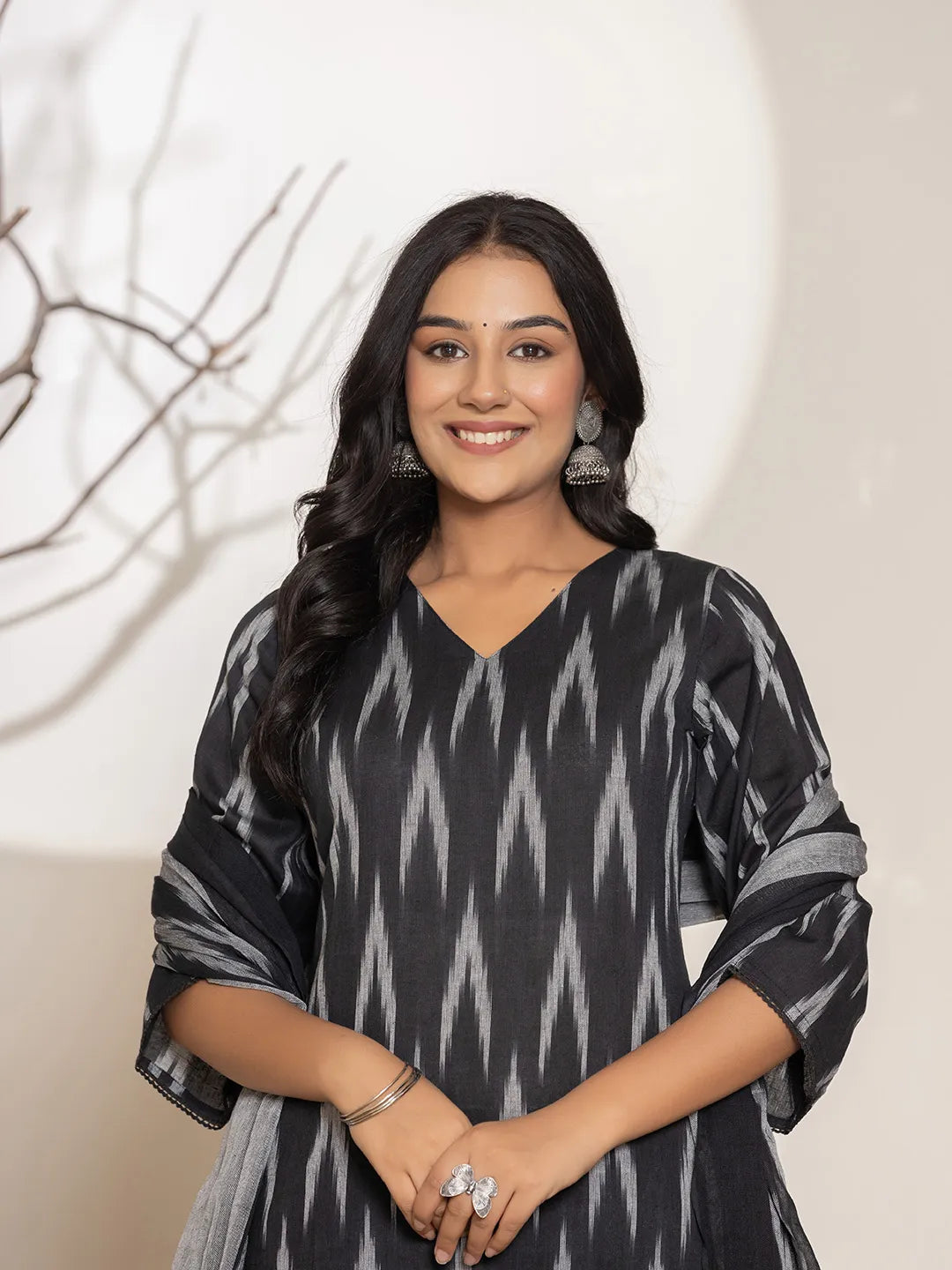 Yufta Black Ikat Print Cotton Straight Kurta Dupatta Set | Grocsy