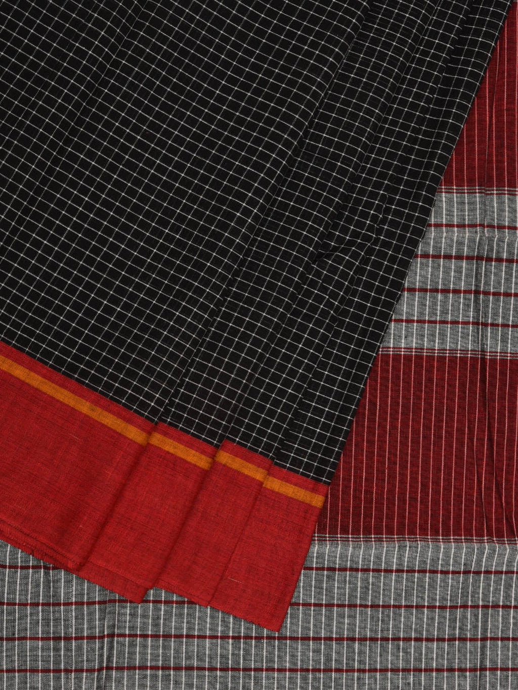 Black ilkal Cotton Handloom Saree with Checks and Ganga-Jamuna Border Design No Blouse - Global Threads | Grocsy