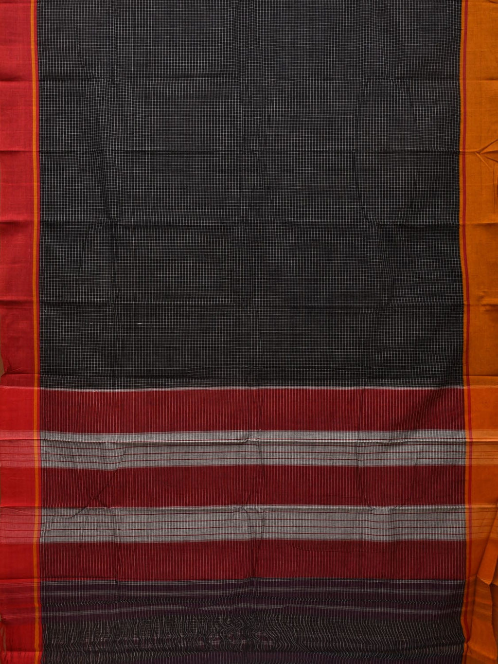 Black ilkal Cotton Handloom Saree with Checks and Ganga-Jamuna Border Design No Blouse - Global Threads | Grocsy