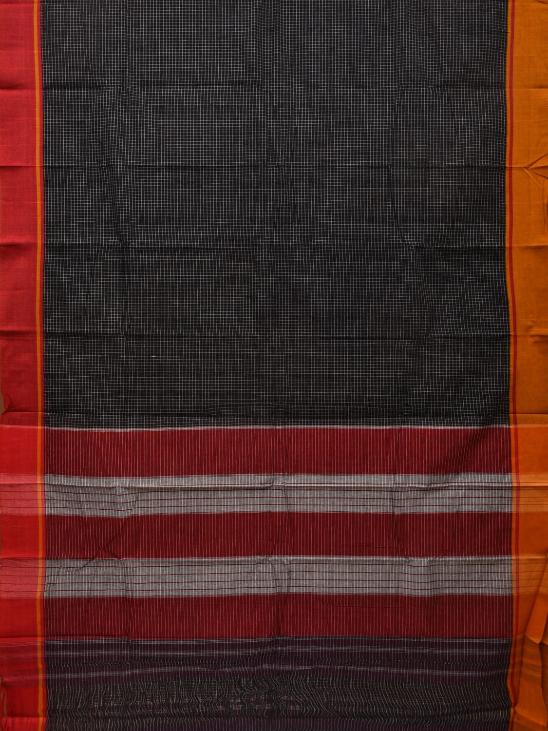 Black ilkal Cotton Handloom Saree with Checks and Ganga-Jamuna Border Design No Blouse - Global Threads | Grocsy