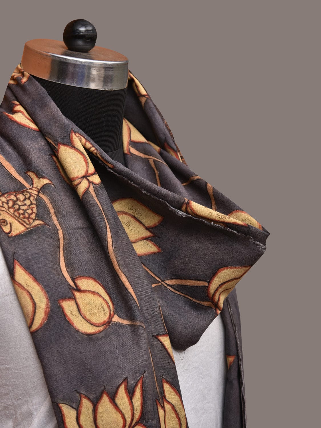 Black Kalamkari Hand Painted Sico Dupatta with Lotus and Fish Design - Global Threads | Grocsy