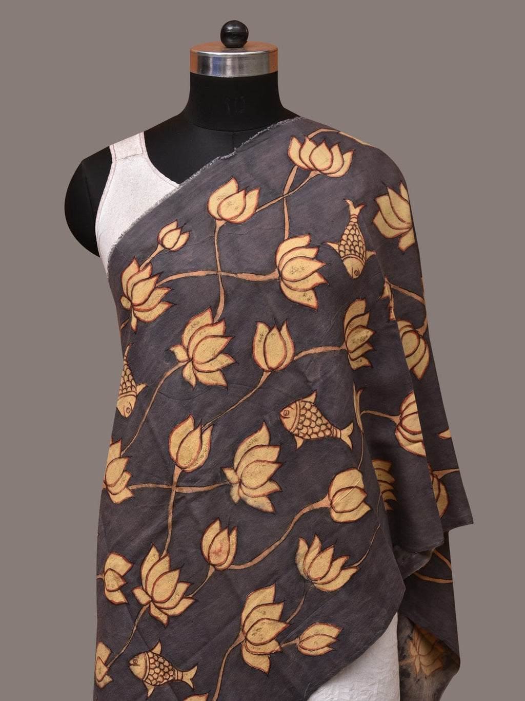 Black Kalamkari Hand Painted Sico Dupatta with Lotus and Fish Design - Global Threads | Grocsy