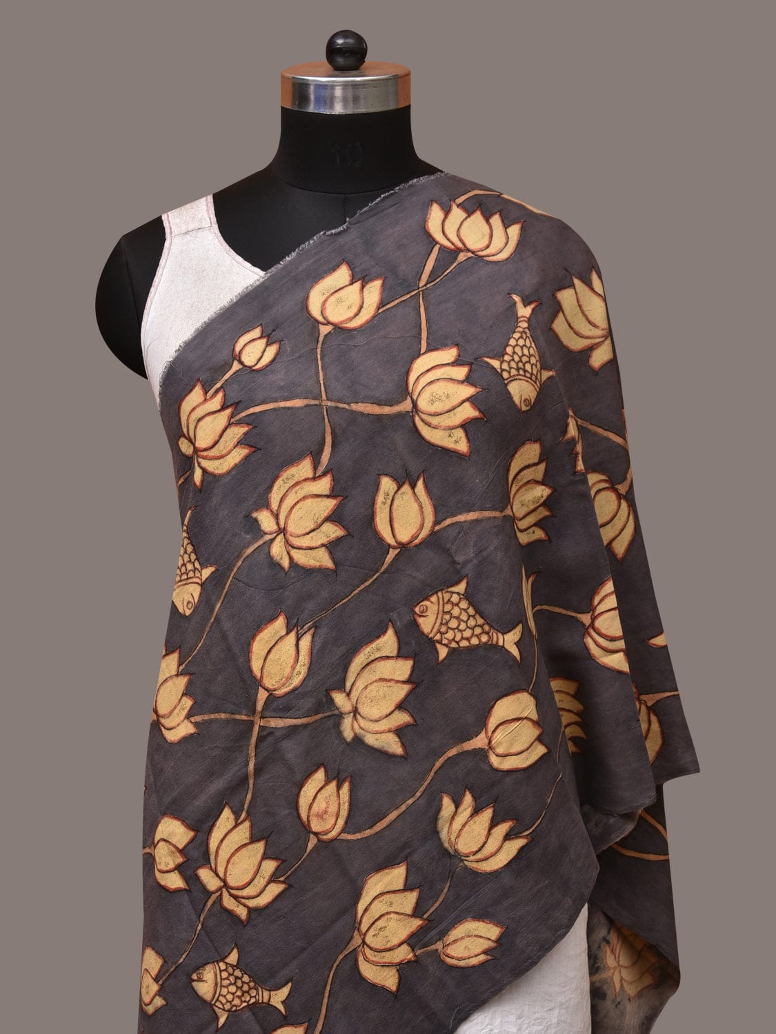 Black Kalamkari Hand Painted Sico Dupatta with Lotus and Fish Design - Global Threads | Grocsy