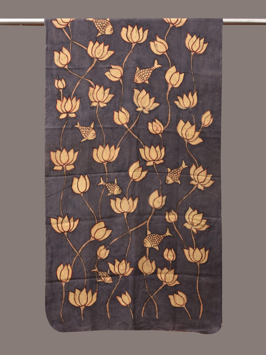 Black Kalamkari Hand Painted Sico Dupatta with Lotus and Fish Design - Global Threads | Grocsy