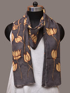Black Kalamkari Hand Painted Sico Dupatta with Lotus and Fish Design - Global Threads | Grocsy