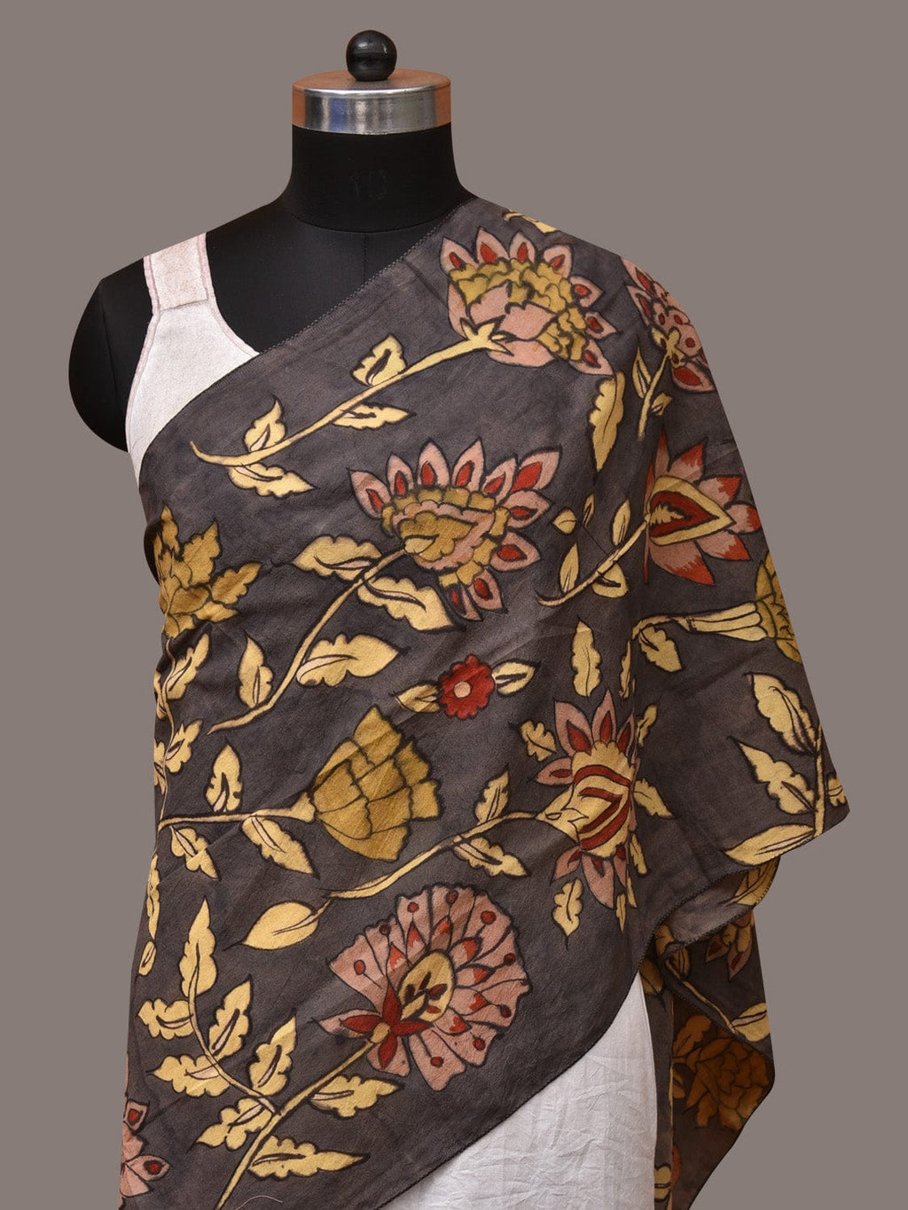 Black Kalamkari Hand Painted Sico Stole with Floral Design - Global Threads | Grocsy