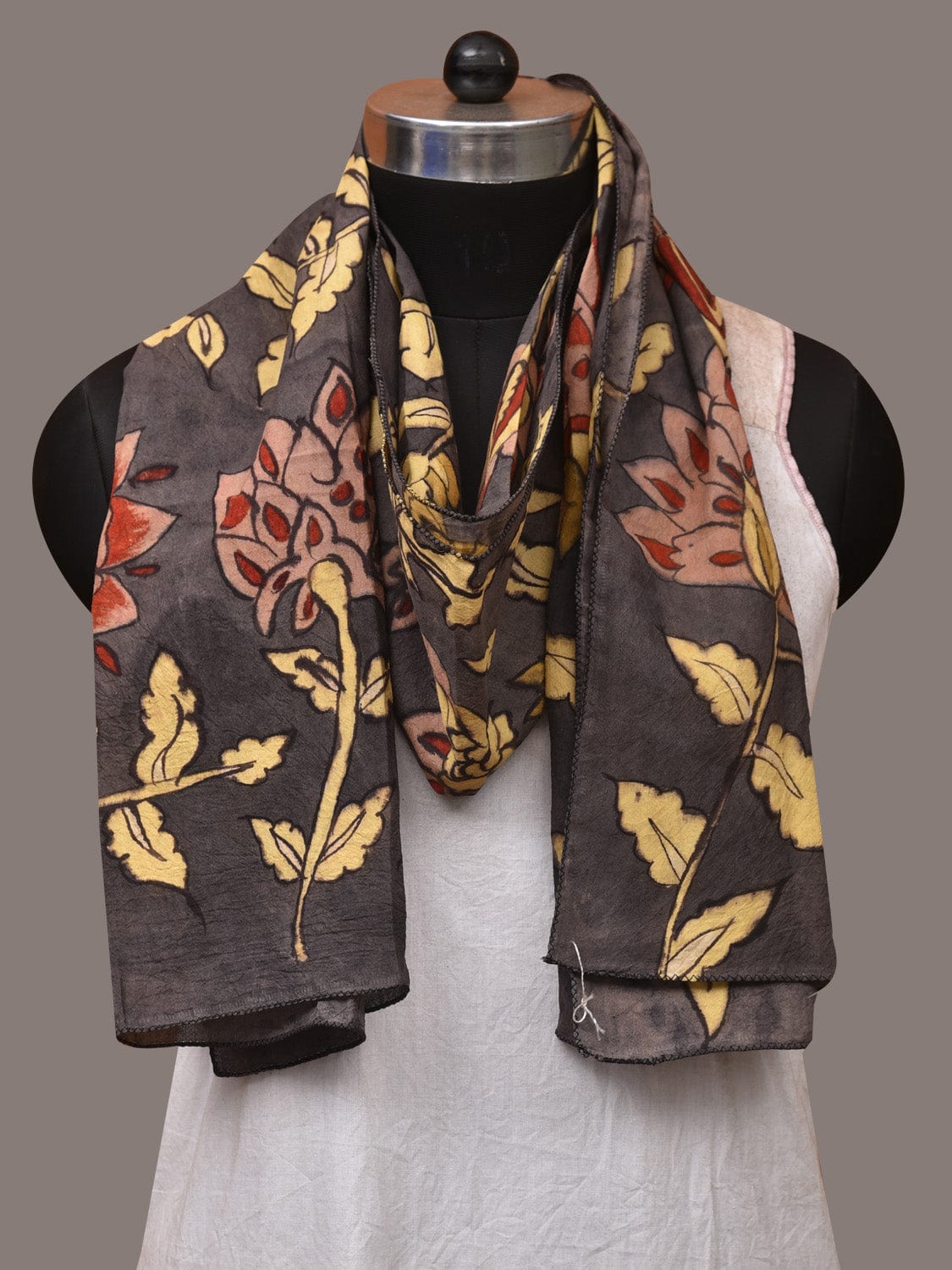 Black Kalamkari Hand Painted Sico Stole with Floral Design - Global Threads | Grocsy
