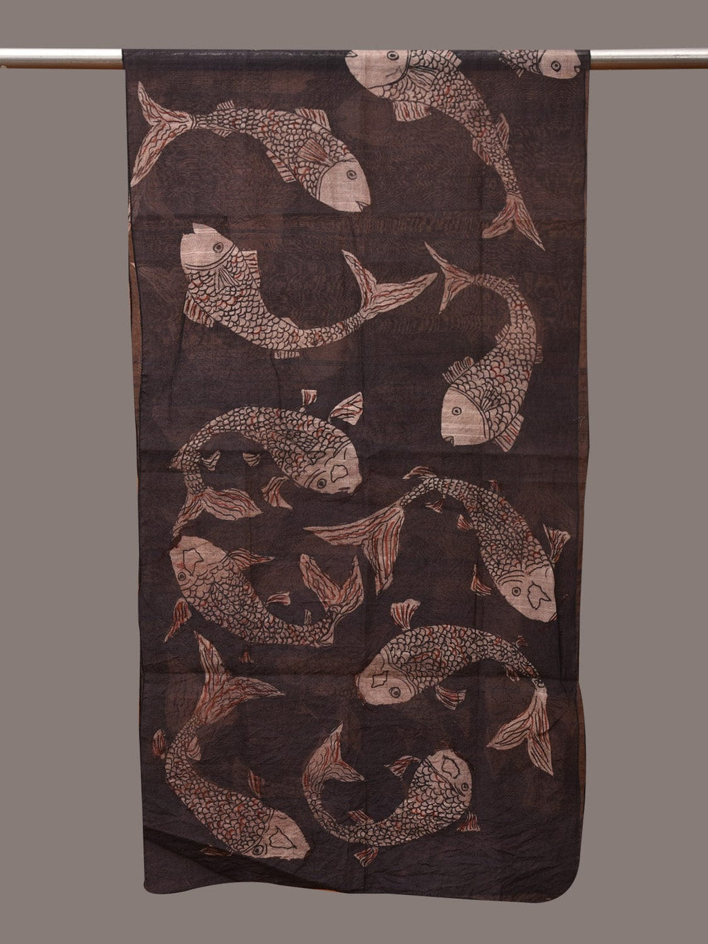Black Kalamkari Hand Painted Tussar Cotton Handloom Stole with Fishes Design - Global Threads | Grocsy