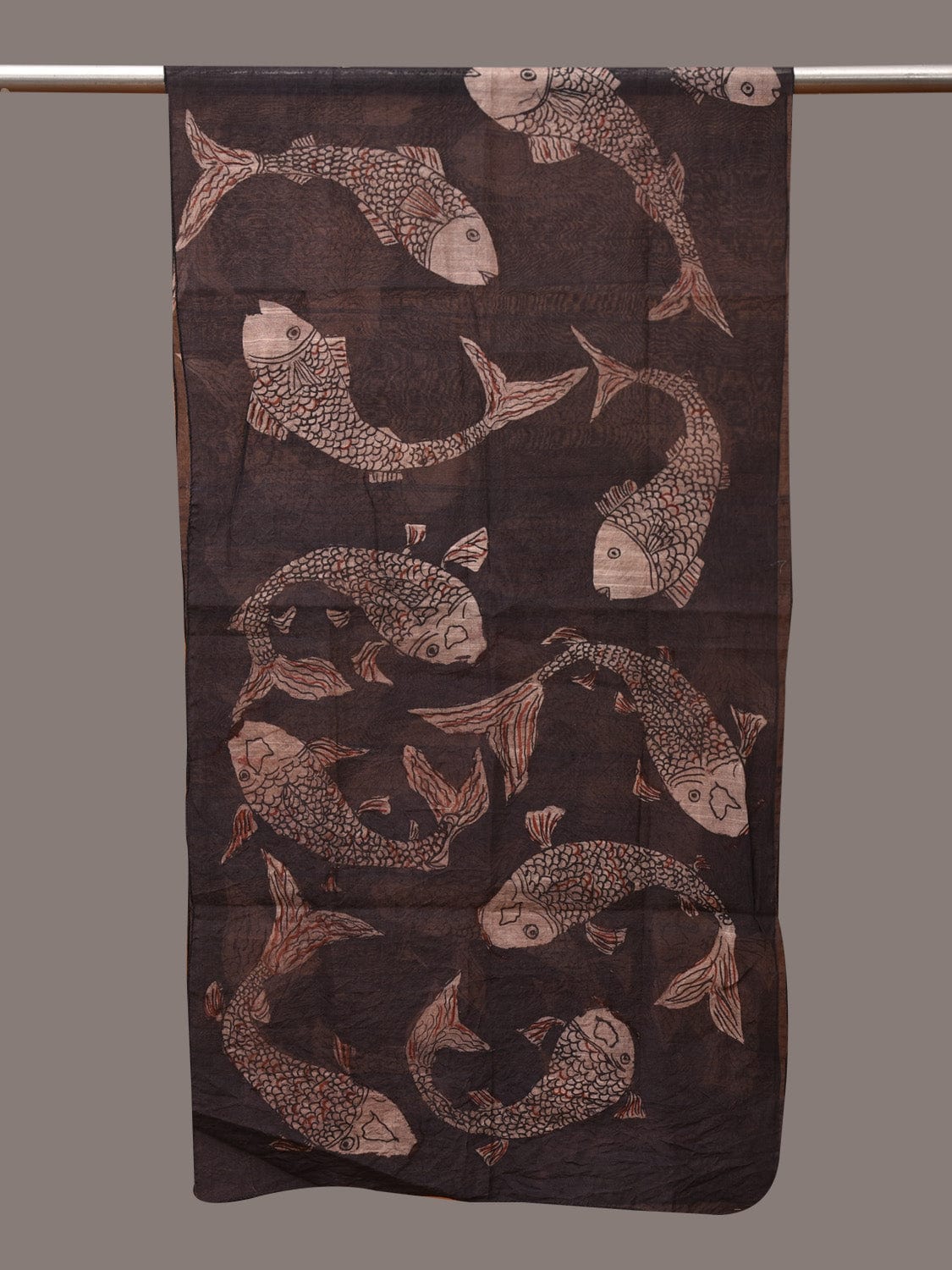 Black Kalamkari Hand Painted Tussar Cotton Handloom Stole with Fishes Design - Global Threads | Grocsy