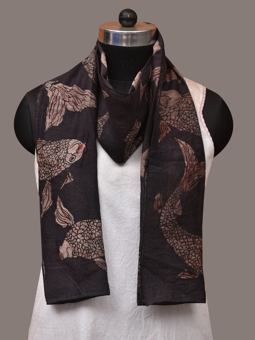 Black Kalamkari Hand Painted Tussar Cotton Handloom Stole with Fishes Design - Global Threads | Grocsy