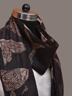 Black Kalamkari Hand Painted Tussar Cotton Handloom Stole with Fishes Design - Global Threads | Grocsy
