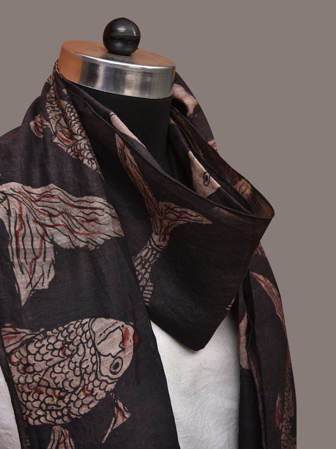 Black Kalamkari Hand Painted Tussar Cotton Handloom Stole with Fishes Design - Global Threads | Grocsy