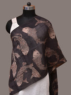 Black Kalamkari Hand Painted Tussar Cotton Handloom Stole with Fishes Design - Global Threads | Grocsy