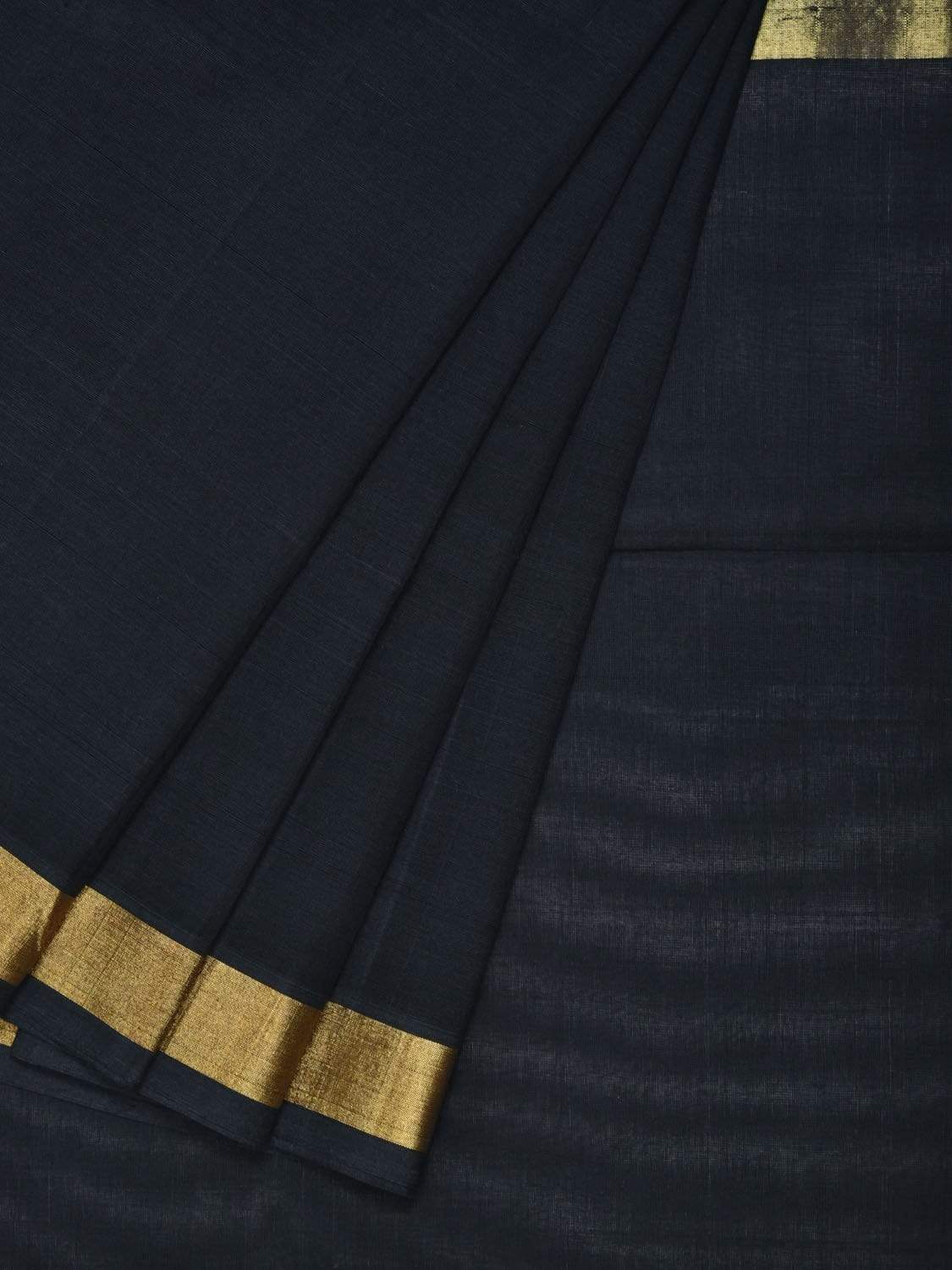 Black Khadi Cotton Handloom Plain Saree with Zari Border - Global Threads | Grocsy