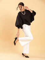 BohoJazz Can Never Go Wrong - Black Kimono Top with White Bell Bottom Co-ord Set | Grocsy