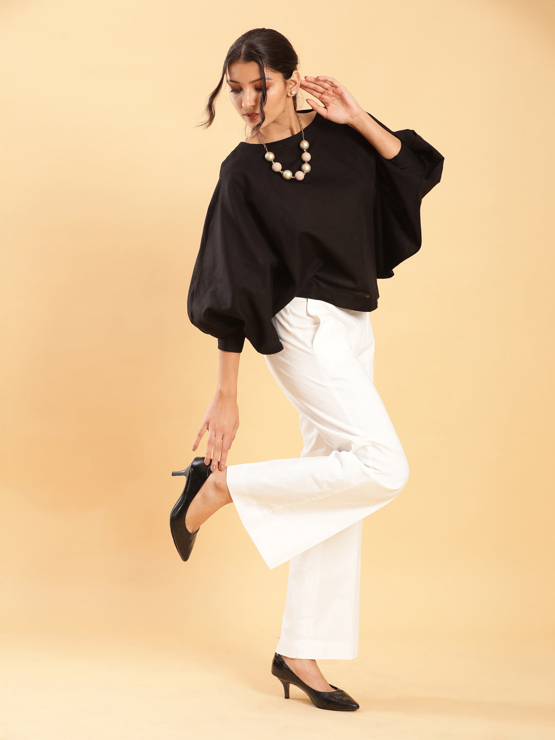 BohoJazz Can Never Go Wrong - Black Kimono Top with White Bell Bottom Co-ord Set | Grocsy