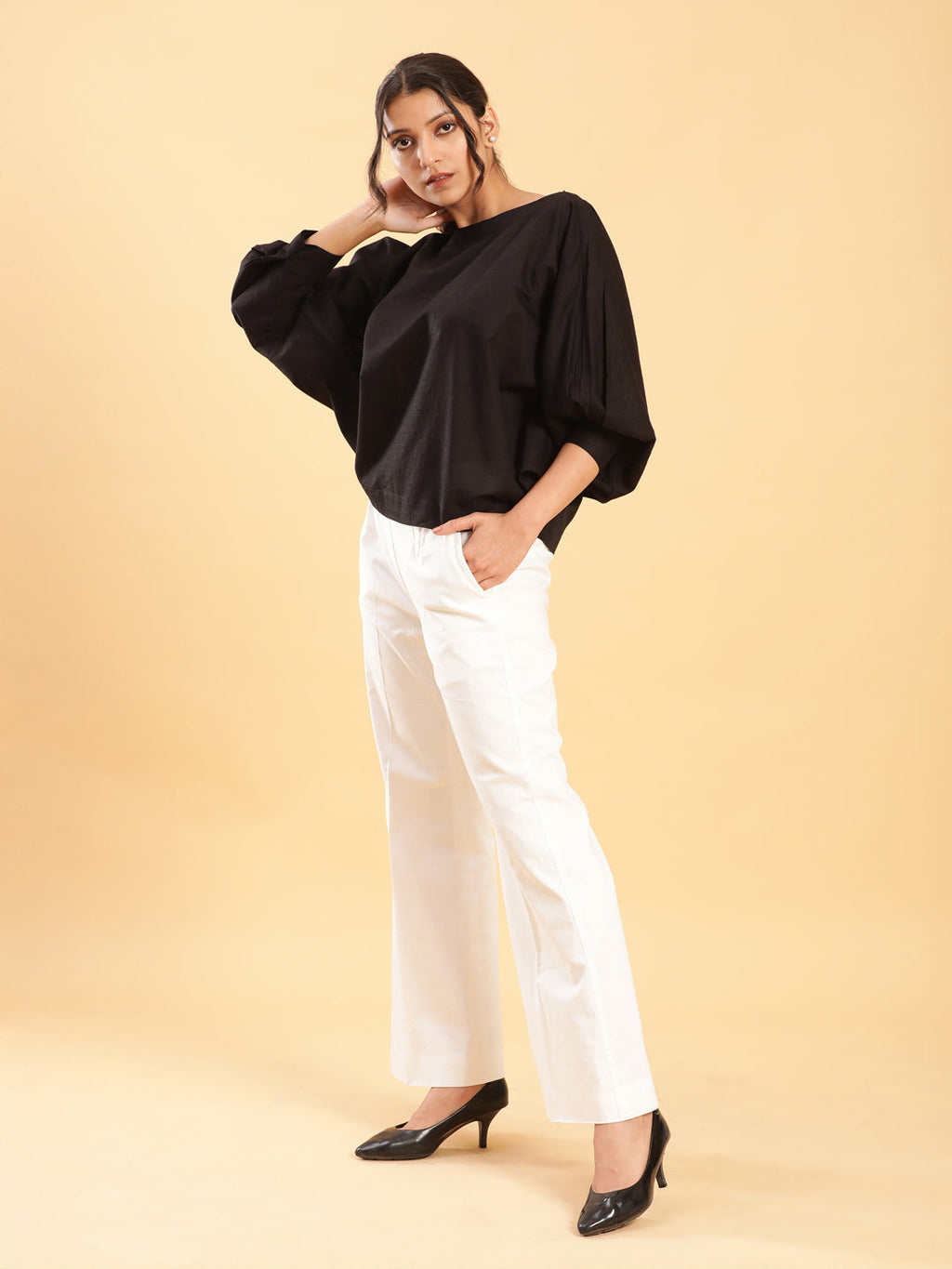 BohoJazz Can Never Go Wrong - Black Kimono Top with White Bell Bottom Co-ord Set | Grocsy