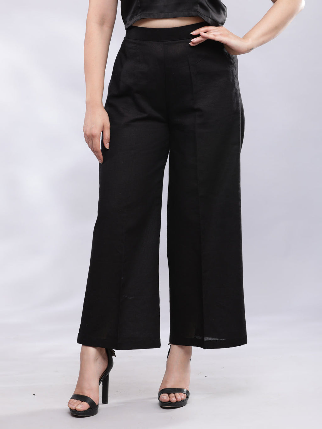BohoJazz Black Linen Cropped Trousers with Flare | Grocsy
