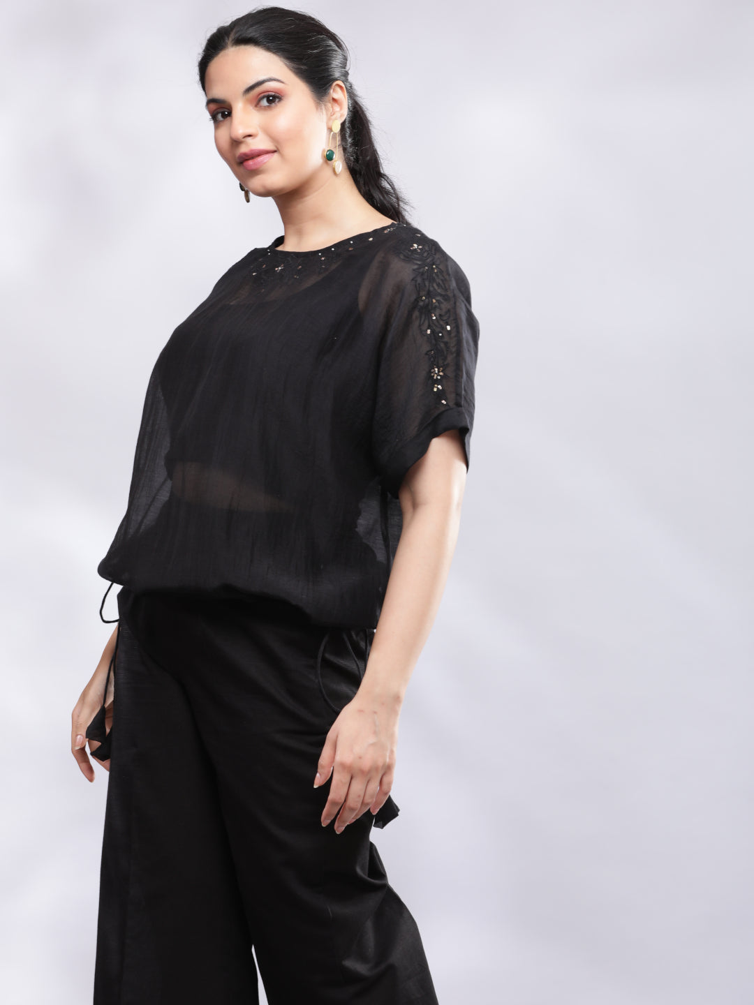 BohoJazz Black Linen Cropped Trousers with Flare | Grocsy