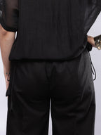 BohoJazz Black Linen Cropped Trousers with Flare | Grocsy