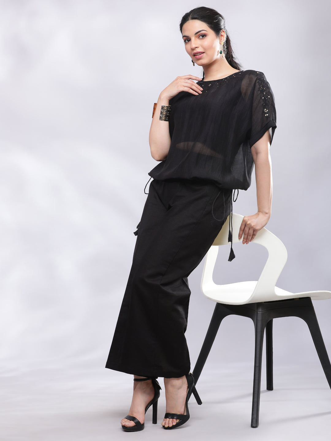 BohoJazz Black Linen Cropped Trousers with Flare | Grocsy