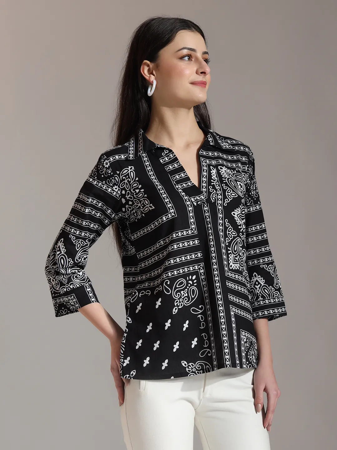 Yufta Black Pure Cotton Boho Printed Top | Grocsy
