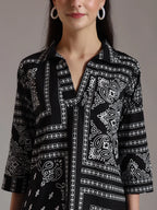 Yufta Black Pure Cotton Boho Printed Top | Grocsy