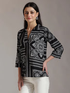 Yufta Black Pure Cotton Boho Printed Top | Grocsy