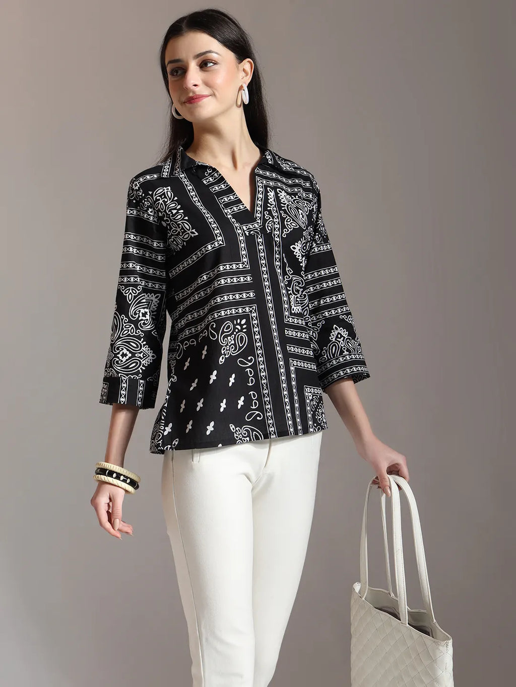 Yufta Black Pure Cotton Boho Printed Top | Grocsy